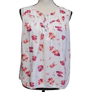 St Johns Bay Floral Blouse Womens Petite Sz S White Pink Purple Top Shirt Casual